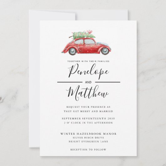 Elegant Waterverf Rustic Car Kerstbruiloft Kaart (Voorkant)