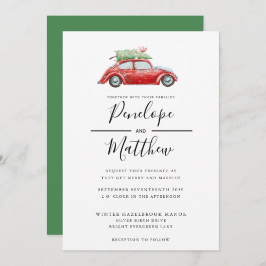 Elegant Waterverf Rustic Car Kerstbruiloft Kaart (Voorkant / Achterkant)