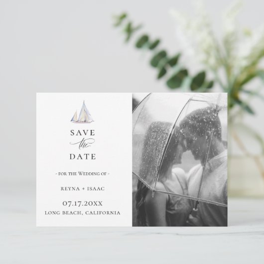 Elegant Waterverf Sailboat Photo Save the Date Aankondiging (Staand voorkant)