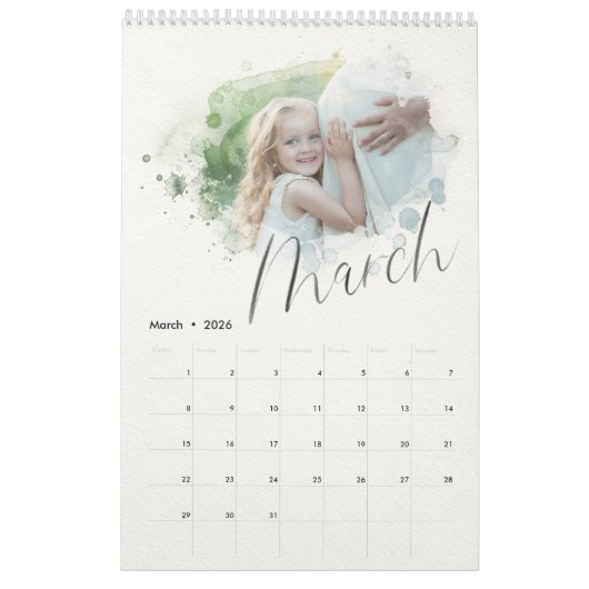 Elegant Waterverf Script Multi Photo Calendar Kalender (Mar 2026)