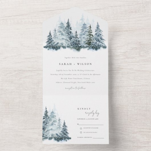 Elegant Waterverf sneeuwwinterpijn All In One Uitnodiging (Binnen)