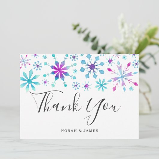 Elegant Waterverf Snowflakes Winter Weddenschap Bedankkaart (Staand voorkant)