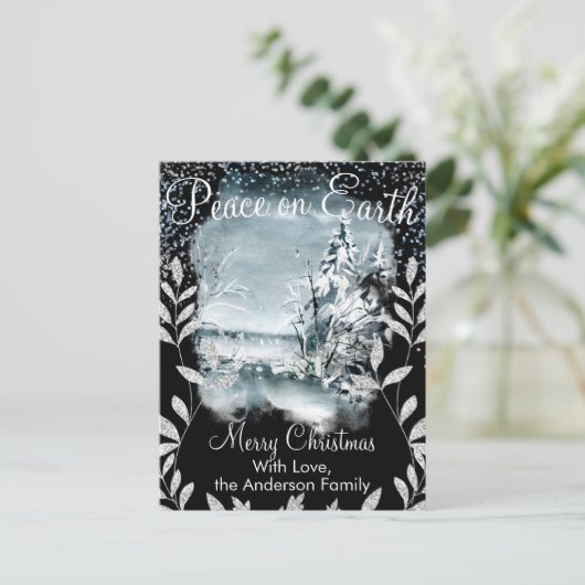 Elegant Waterverf Snowy Night Natuur Snow Glitter Briefkaart (Staand voorkant)