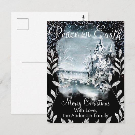 Elegant Waterverf Snowy Night Natuur Snow Glitter Briefkaart (Voorkant / Achterkant)