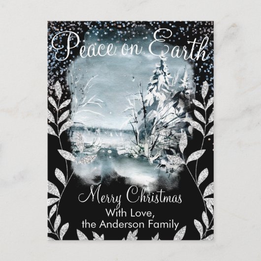 Elegant Waterverf Snowy Night Natuur Snow Glitter Briefkaart (Voorkant)