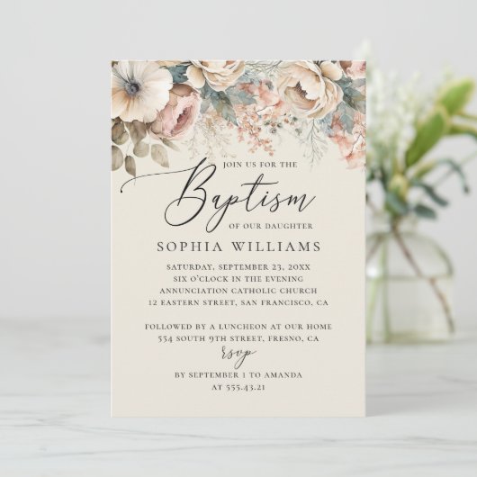 Elegant waterverf soft boho floral script baptisme kaart (Staand voorkant)