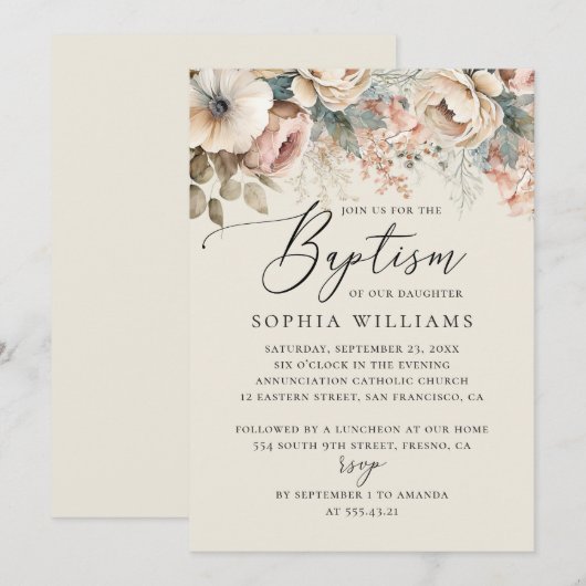 Elegant waterverf soft boho floral script baptisme kaart (Voorkant / Achterkant)