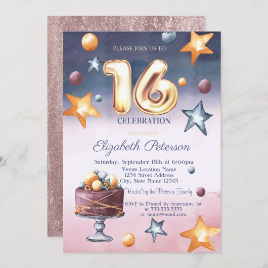 Elegant Waterverf Stars Cake Sweet 16 Kaart (Voorkant / Achterkant)