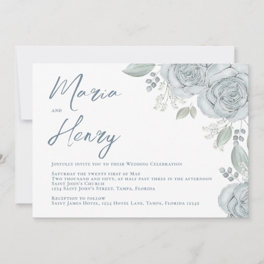 Elegant Waterverf Stusty Blue Floral Roos QR Code Kaart (Voorkant)