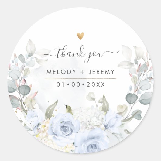 Elegant Waterverf Stusty Blue Rozen Dank je wel Ronde Sticker (Voorkant)