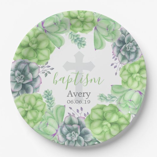 Elegant Waterverf Succulent Baptisme Religieuze Papieren Bordje (Voorkant)