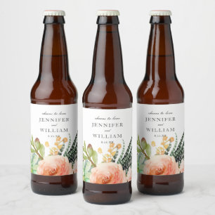Elegant Waterverf Succulent Roos Wedding Bier Etiket