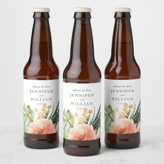 Elegant Waterverf Succulent Roos Wedding Bier Etiket (Flessen)