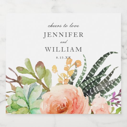 Elegant Waterverf Succulent Roos Wedding Bier Etiket (Enkel label)