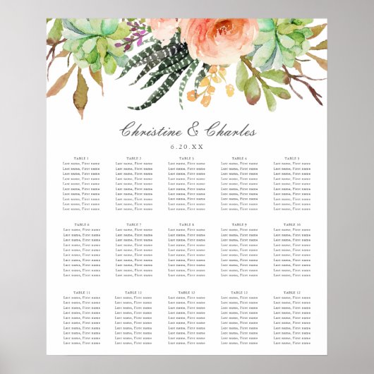 Elegant Waterverf Succulent Wedding Seating Chart Poster (Voorkant)