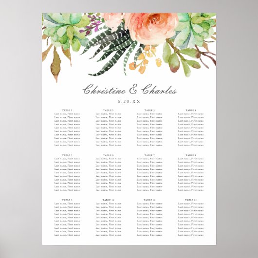 Elegant Waterverf Succulent Wedding Seating Chart Poster (Voorkant)