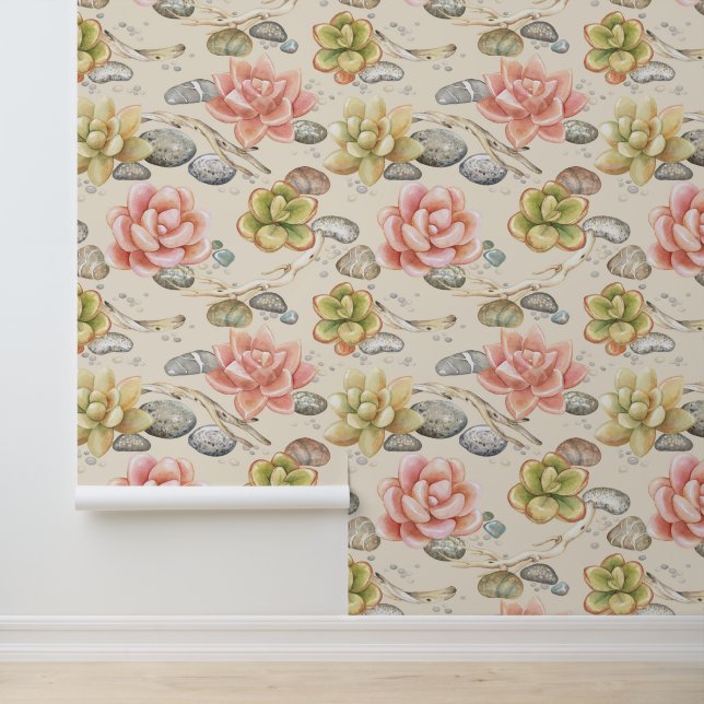  Elegant Waterverf Succulenten Twigs Stones Behang (Applicatie)