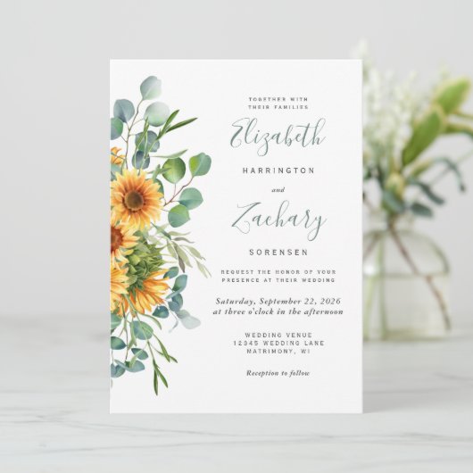 Elegant Waterverf Sunflower Eucalyptus Weddenschap Kaart (Staand voorkant)