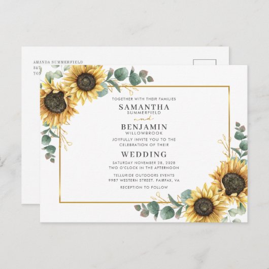 Elegant Waterverf Sunflower Eucalyptus Weddenschap Uitnodiging Briefkaart (Voorkant / Achterkant)