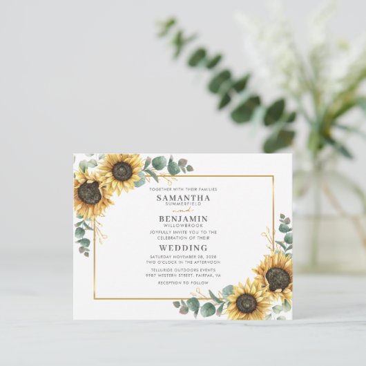 Elegant Waterverf Sunflower Eucalyptus Weddenschap Uitnodiging Briefkaart (Staand voorkant)