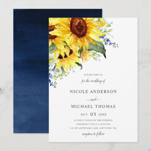 Elegant Waterverf Sunflower Floral Wedding Kaart (Voorkant / Achterkant)