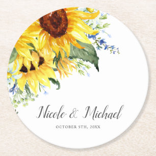 Elegant Waterverf Sunflower Personalized Wedding Ronde Kartonnen Onderzetter