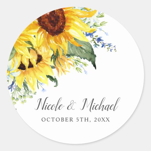Elegant Waterverf Sunflower Personalized Wedding Ronde Sticker (Voorkant)