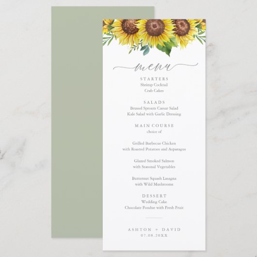 Elegant Waterverf Sunflower Wedding Menu (Voorkant / Achterkant)