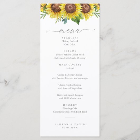 Elegant Waterverf Sunflower Wedding Menu (Voorkant)