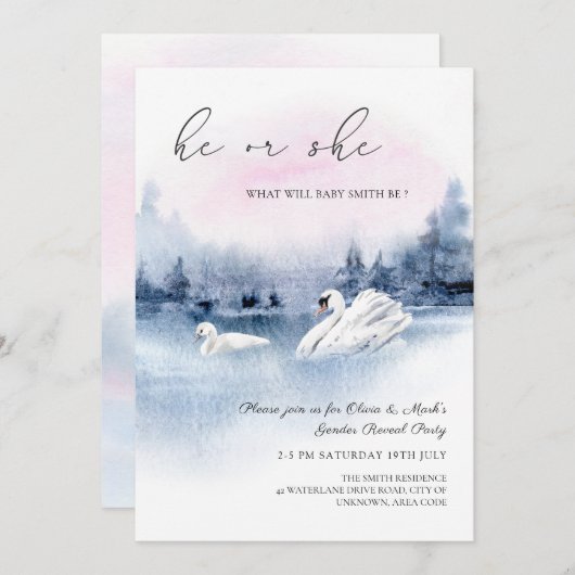 Elegant Waterverf Swans Bird Gender onthulling Inv Kaart (Voorkant / Achterkant)