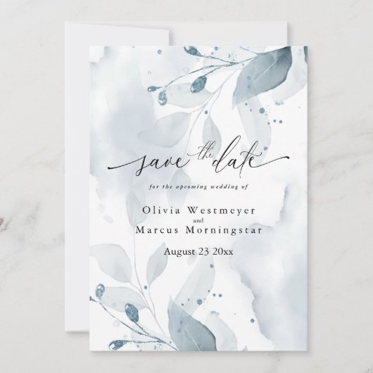 Elegant Waterverf Teal Loofwerk Save the Date Kaart (Voorkant)