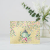 Elegant Waterverf Teapot and Flowers Gold Briefkaart (Staand voorkant)