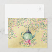 Elegant Waterverf Teapot and Flowers Gold Briefkaart (Voorkant / Achterkant)