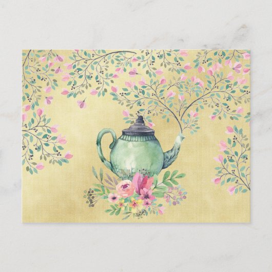 Elegant Waterverf Teapot and Flowers Gold Briefkaart (Voorkant)
