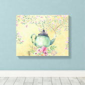 Elegant Waterverf Teapot and Flowers Gold Canvas Afdruk (Insitu (Houten vloer))