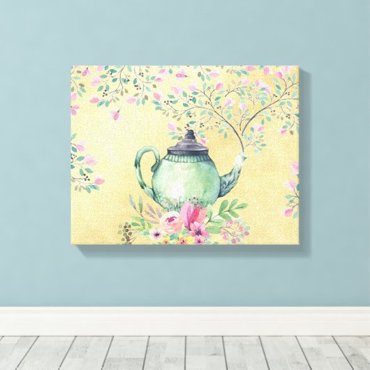 Elegant Waterverf Teapot and Flowers Gold Canvas Afdruk (Insitu (Houten vloer))