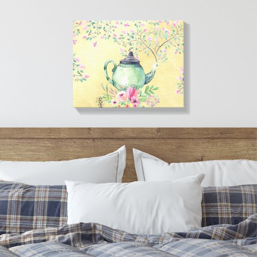 Elegant Waterverf Teapot and Flowers Gold Canvas Afdruk (Insitu (Slaapkamer))