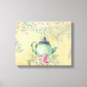 Elegant Waterverf Teapot and Flowers Gold Canvas Afdruk