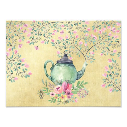 Elegant Waterverf Teapot and Flowers Gold Foto Afdruk (Voorkant)