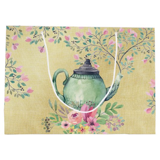Elegant Waterverf Teapot and Flowers Gold Groot Cadeauzakje (Achterkant)