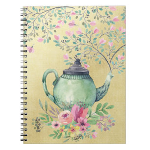 Elegant Waterverf Teapot and Flowers Gold Notitieboek