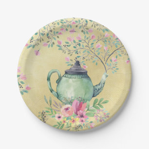 Elegant Waterverf Teapot and Flowers Gold Papieren Bordje