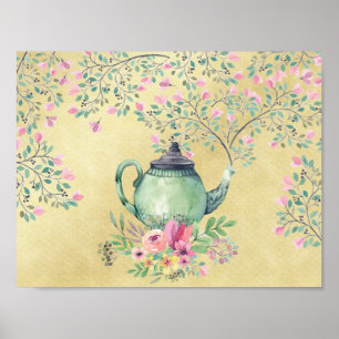 Elegant Waterverf Teapot and Flowers Gold Poster