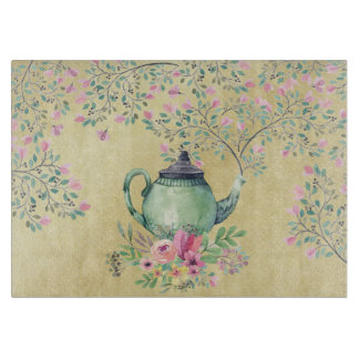 Elegant Waterverf Teapot and Flowers Gold Snijplank