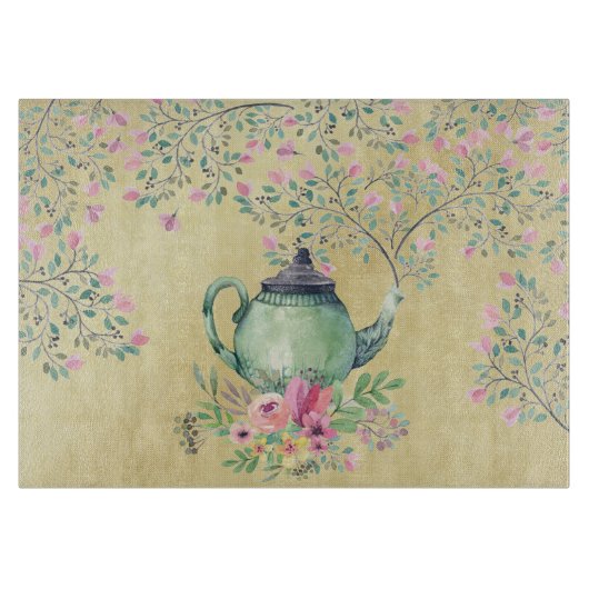 Elegant Waterverf Teapot and Flowers Gold Snijplank (Voorkant)