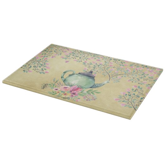 Elegant Waterverf Teapot and Flowers Gold Snijplank (Hoek)