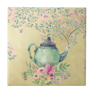 Elegant Waterverf Teapot and Flowers Gold Tegeltje