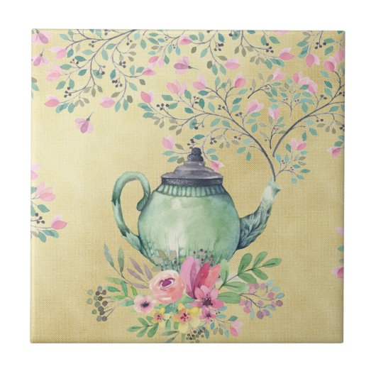 Elegant Waterverf Teapot and Flowers Gold Tegeltje (Voorkant)