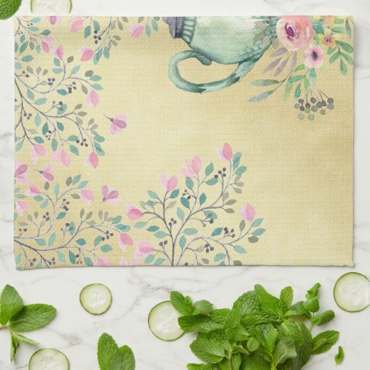 Elegant Waterverf Teapot and Flowers Gold Theedoek (Gevouwen)