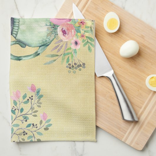 Elegant Waterverf Teapot and Flowers Gold Theedoek (Quarter Fold)